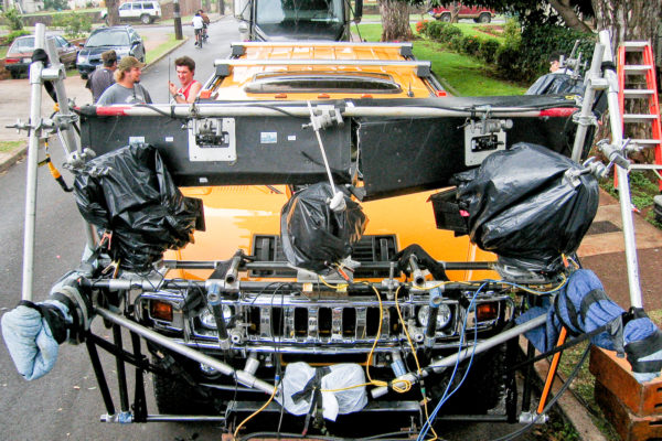 Three Cameras on Hood Mount, baged for rain